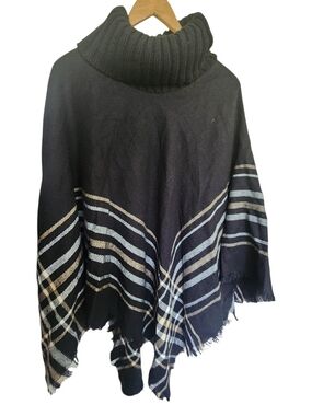Plaid Fringe Poncho Sweater - Black
